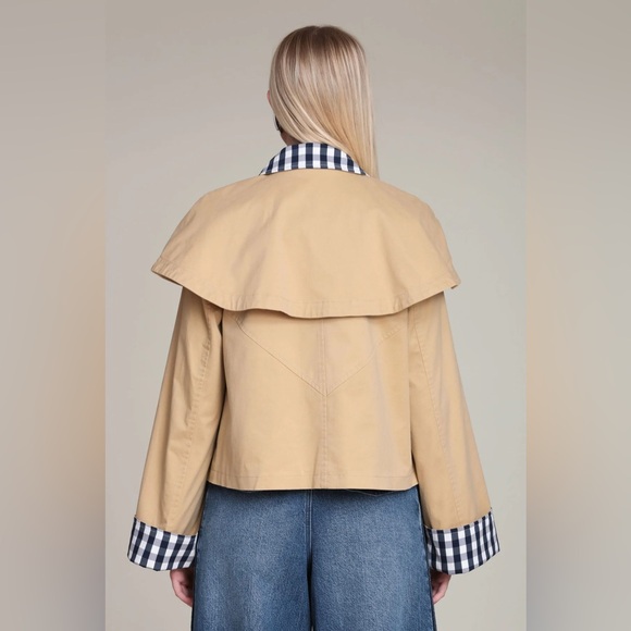 Avec Les Filles GINGHAM TRIM COTTON CAPE JACKET - Picture 4 of 5
